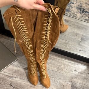 Brown Suede Lace-Up Knee-High Boots